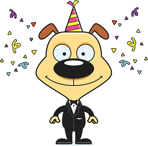 Cartoon Smiling Party Puppy A cartoon party puppy smiling. dog tuxedo stock illustrations