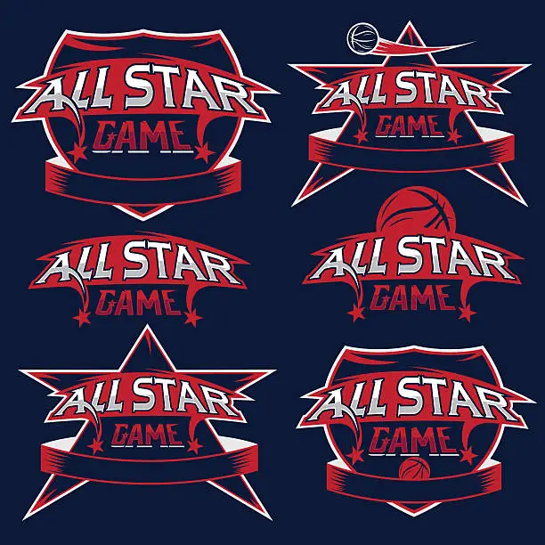 Vector illustration of set of vintage sports all star crests with basketball theme