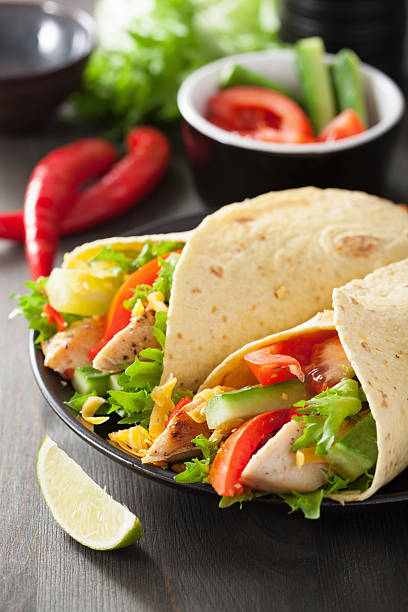 istock mexican tortilla wrap with chicken breast and vegetables 479352323
