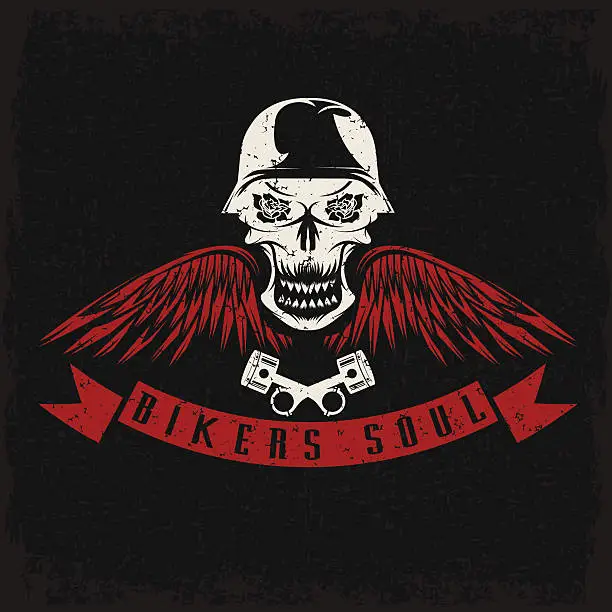Vector illustration of grunge biker theme label with flowers,wings,pistons and skull