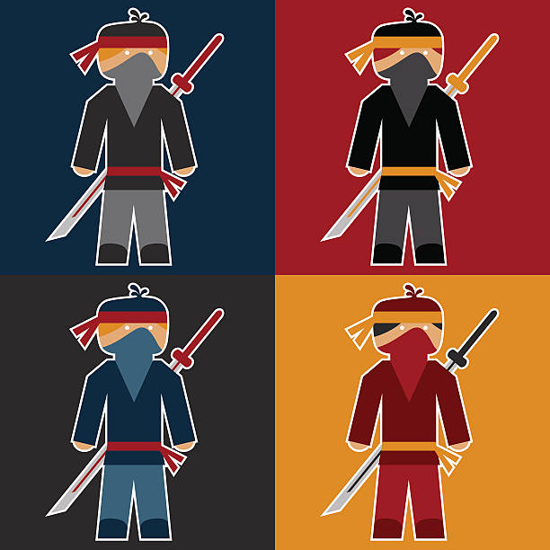 płaski naklejki z ninja - samurai katana chinese ethnicity men stock illustrations
