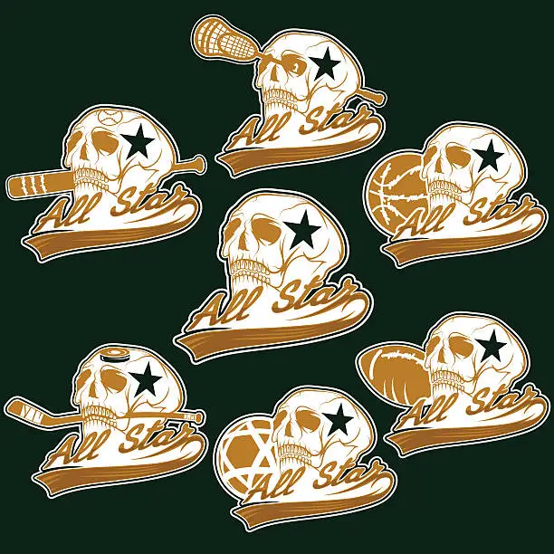 Vector illustration of set of vintage sports all star crests with skulls