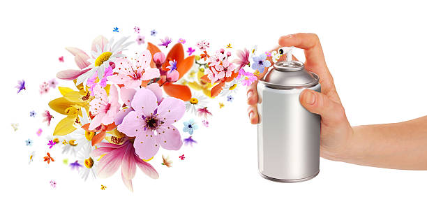 Flower-scented room sprays and flowers from inside stock photo