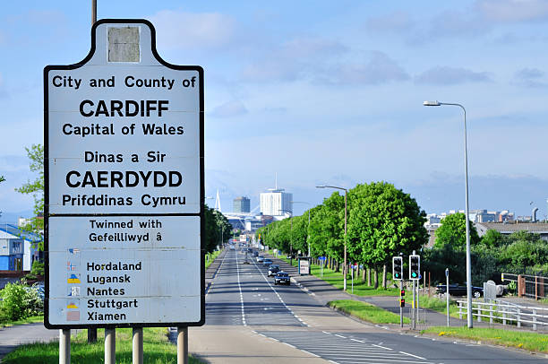 Welcome to Cardiff Road Sign on Entering Cardiff cardiff wales stock pictures, royalty-free photos & images