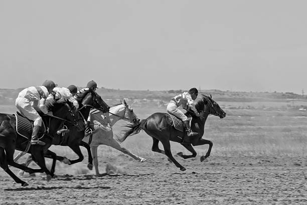 Small Chapurniki, Volgograd, Russia - May 24, 2014: The fight for the leading position in the race horses during the horse races devoted to celebration of the Sabantuy 