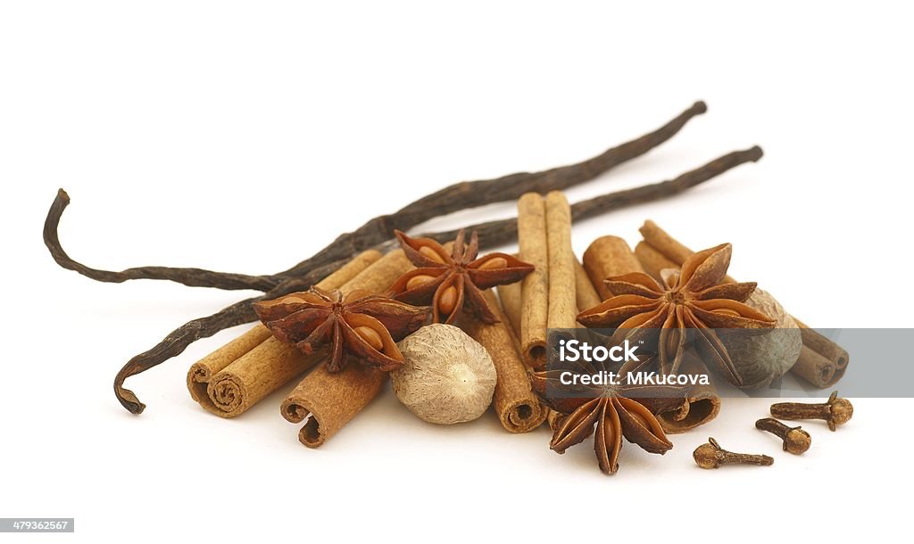 Spices Cinnamon sticks, anise stars, nutmegs, cloves and vanilla beans on white background. Anise Stock Photo