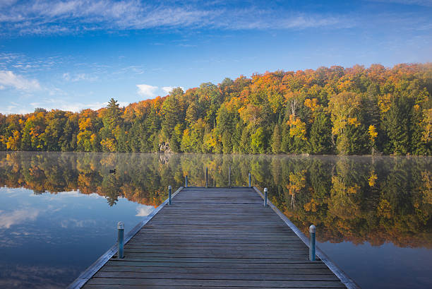 Beautiful fall color foliage reflecting on a very still lake viewed from a dock on a sunny day in the Muskoka region of Ontario Canada