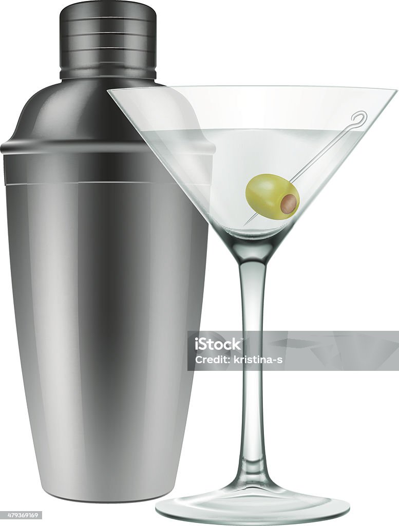 Martini glass and a cocktail shaker Photo-realistic vector illustration of a martini glass with a green olive and a steel cocktail shaker. Various transparency modes used, EPS 10. Cocktail Shaker stock vector