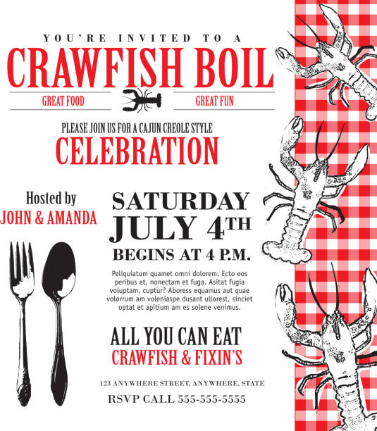 ilustraciones, imágenes clip art, dibujos animados e iconos de stock de crawfish boil diseño de plantilla de la invitación manteles ajedrezada - cangrejo de río marisco