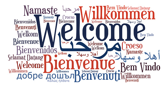 Welcome phrase in different languages. Words cloud concept. Multilingual in English, Arabic, Danish, French, Spanish, German, Greek, Hebrew, Italian, Russian, Welsh, Swedish, Polish, Malay, Indonesian, Zulu. This illustration is JPEG only.