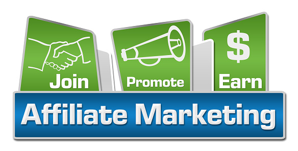 Affiliate marketing concept image with text and related symbols.