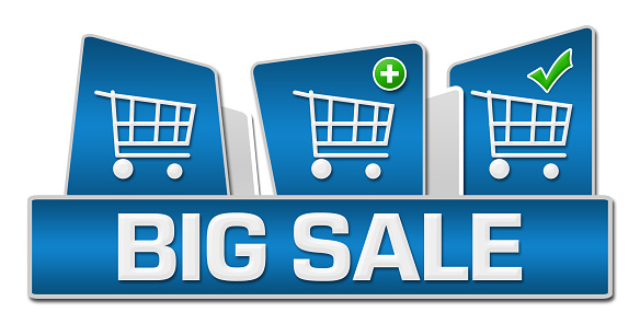 Big sale concept image with text and shopping cart symbols.