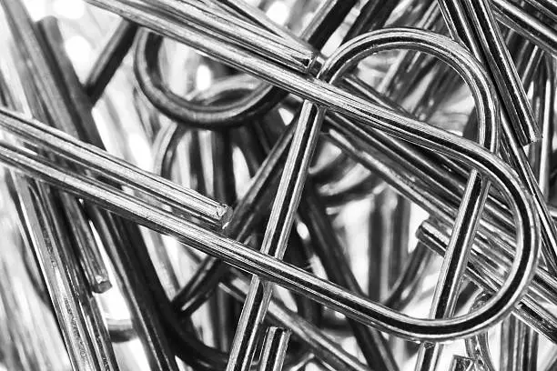 Extreme closeup of heap of metal paper clips.