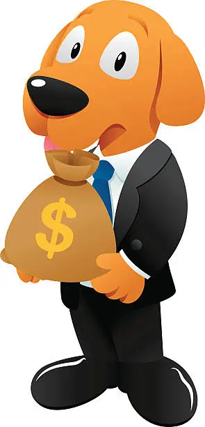 Vector illustration of Business dog carrying cash bag