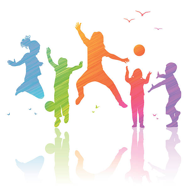 Happy Kids Playing, illustration with colored silhouettes. Group of happy kids playing outdoors. Vector illustration with colored silhouettes. Hi-Res jpg included. junior high age stock illustrations