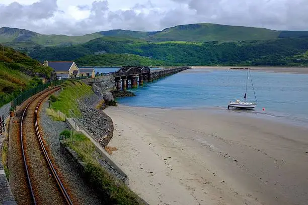 Barmouth Viaduct carrying the Cambrian railway across the River Mawddach.