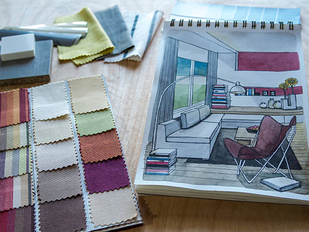 istock Interior hand-drawn illustration and material sample on  wooden table 479381238