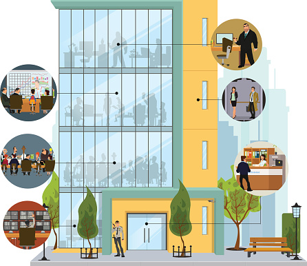 Business building facade. Office building exterior with an illustration of workers. Vector illustration in a flat style.