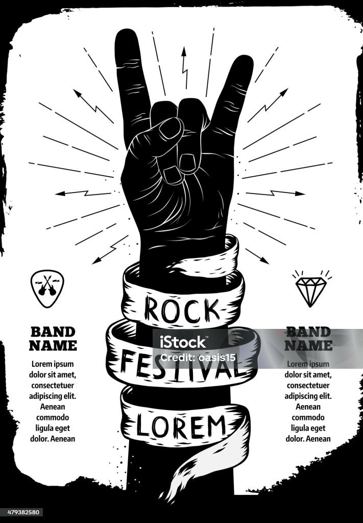 Rock festival poster Rock festival poster. Rock and Roll hand sign Rock Music stock vector