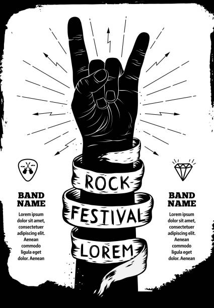 Rock festival poster Rock festival poster. Rock and Roll hand sign hardcore music style stock illustrations