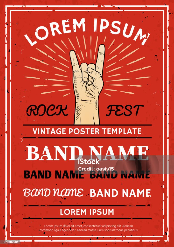Vintage Rock festival poster with Rock and Roll hand sign Vintage Rock festival poster, flyer with Rock and Roll hand sign. Vector illustration Rock Music stock vector