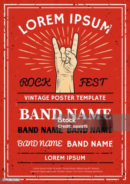 Vintage Rock Festival Poster With Rock And Roll Hand Sign Stock Illustration - Download Image Now