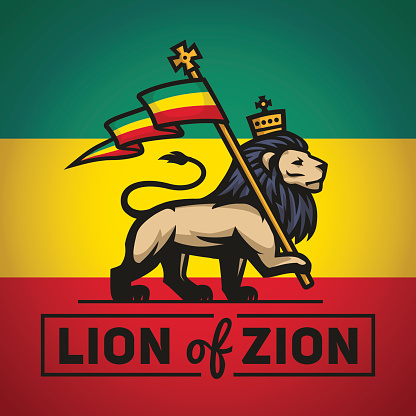 Judah lion with a rastafari flag. King of Zion logo