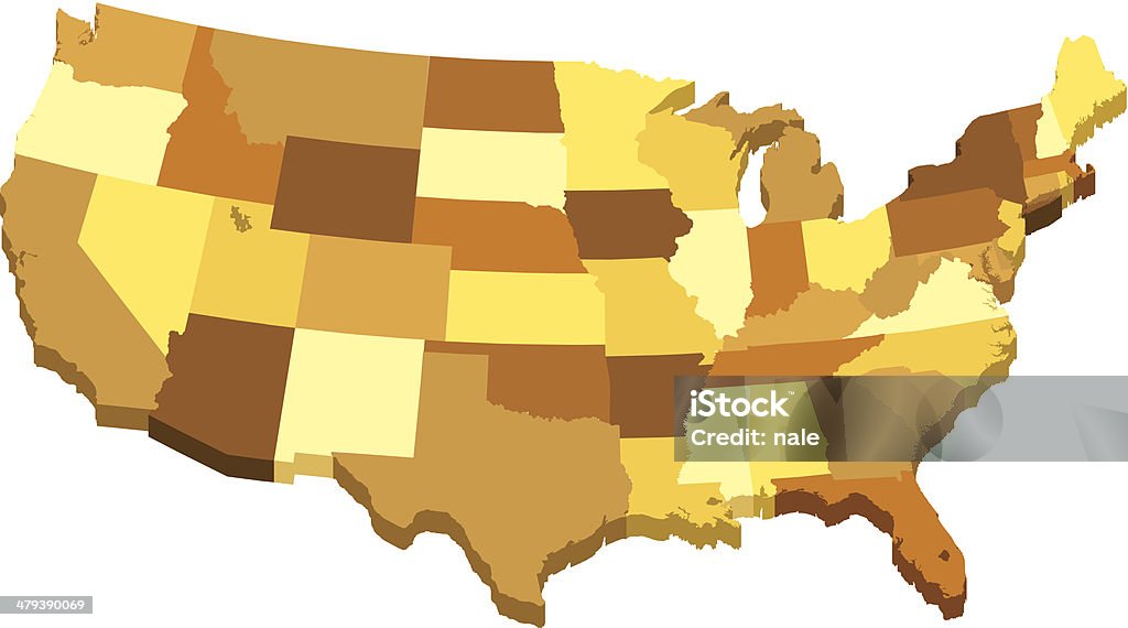 Estados Unidos mapa 3D de Estados en diferentes colores marrón - arte vectorial de EE.UU. libre de derechos