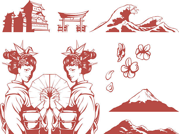 японский-девочка в кимоно, сакура, горы, замок - silhouette back lit built structure shrine stock illustrations