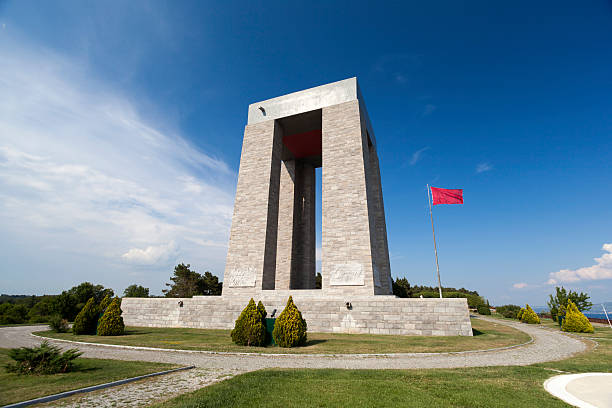 The Canakkale Martyrs' Memorial (Turkish: Çanakkale Şehitleri Anıtı) is a war memorial commemorating the service of about 253,000 Turkish soldiers who participated at the Battle of Gallipoli, which took place from April 1915 to December 1915 during the First World War. It is located within the Gallipoli Peninsula Historical National Park on Hisarlık Hill in Morto Bay at the southern end of the Gallipoli peninsula in Çanakkale Province, Turkey.