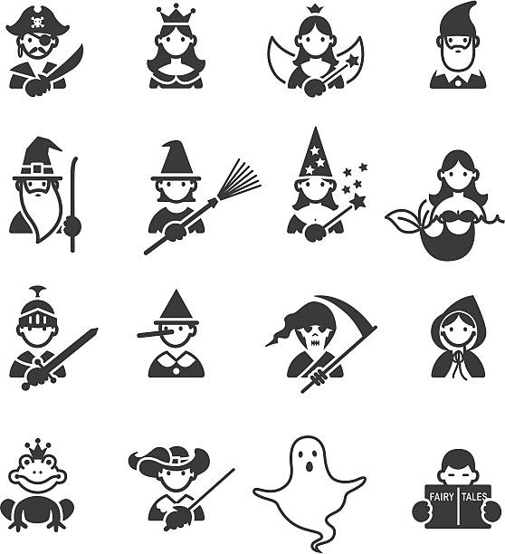 ilustraciones, imágenes clip art, dibujos animados e iconos de stock de iconos de cuentos de hadas - wizard magic broom stick