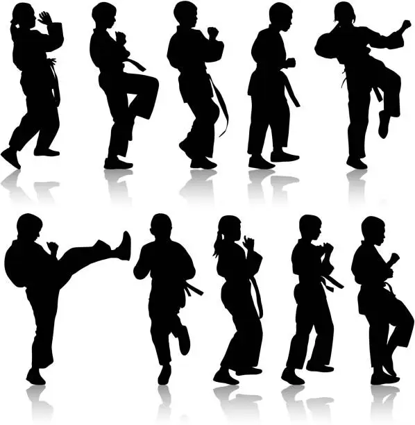 Vector illustration of Set of black silhouettes of karate.