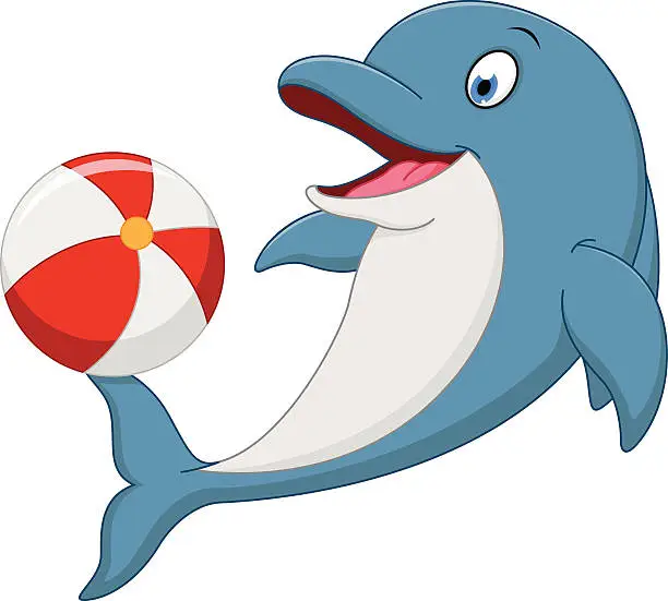 Vector illustration of Happy dolphin cartoon playing ball