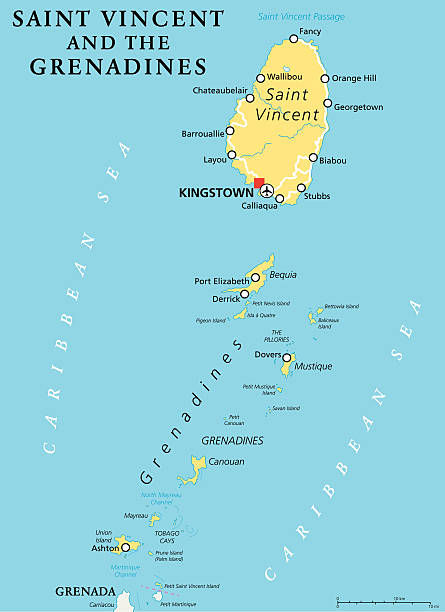 Saint Vincent and the Grenadines Political Map Saint Vincent and the Grenadines political map with capital Kingstown. Island country in the Lesser Antilles Island arc. English labeling and scaling. Illustration. tobago cays stock illustrations