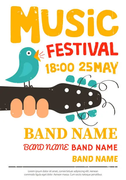 Vector illustration of Acoustic music festival poster with a bird singing on a guitar