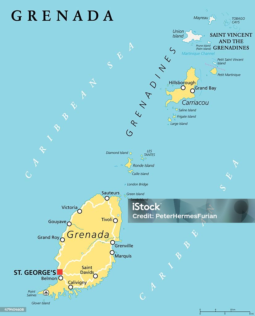 Grenada Political Map Grenada political map with capital St. Georges. Island Country and part of the Windward Islands and Lesser Antilles in the Caribbean Sea. English labeling and scaling. Illustration. Map stock vector