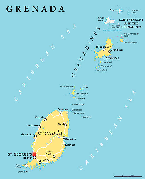 Grenada Political Map Grenada political map with capital St. Georges. Island Country and part of the Windward Islands and Lesser Antilles in the Caribbean Sea. English labeling and scaling. Illustration. grenada caribbean map stock illustrations