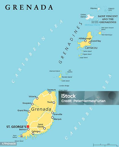 Grenada Political Map Stock Illustration - Download Image Now - Map, Grenada, Grenadines