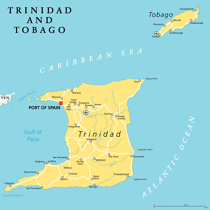 Trinidad and Tobago political map with capital Port of Spain. Twin island country in the Windward Islands and Lesser Antilles. English labeling and scaling. Illustration.