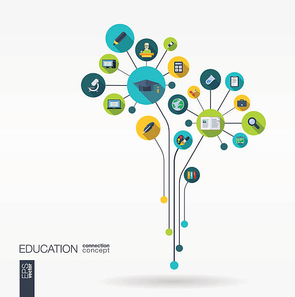 illustrations, cliparts, dessins animés et icônes de abstrait fond d'éducation avec des cercles, des lignes de contact icônes plat intégré. - perspective du photographe