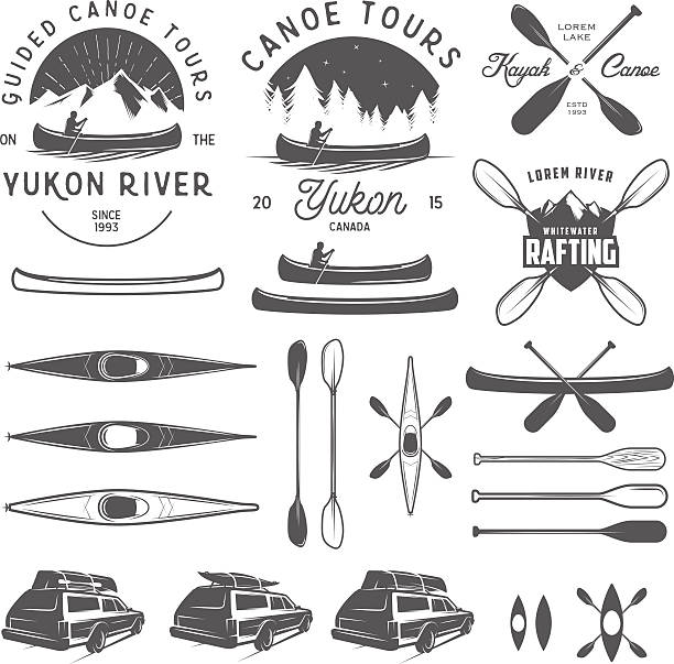 ilustrações de stock, clip art, desenhos animados e ícones de conjunto de caiaque ou canoa emblemas, emblemas e elementos de design - rafting nautical vessel river canoe