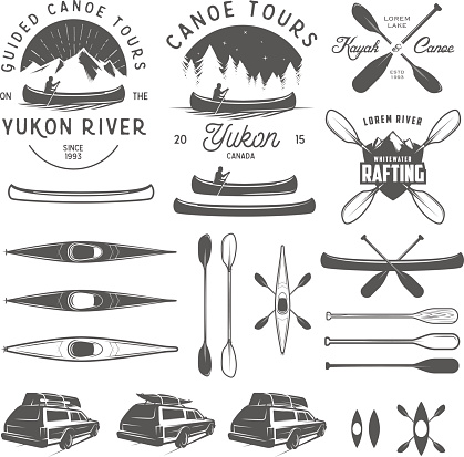 Set of kayak and canoe emblems, badges and design elements.