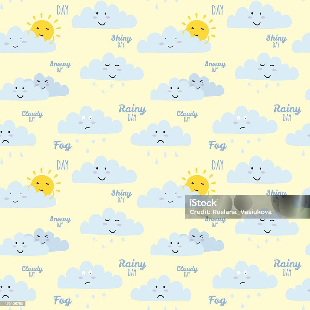 Childish pattern with cute smiley weather icons Unusual seamless vector childish pattern with cartoon and funny smiley weather icons. Vector illustration in cute style. Can be used like happy birthday cards. Sunny, cloudy, rainy, snowy, windy. 2015 stock vector