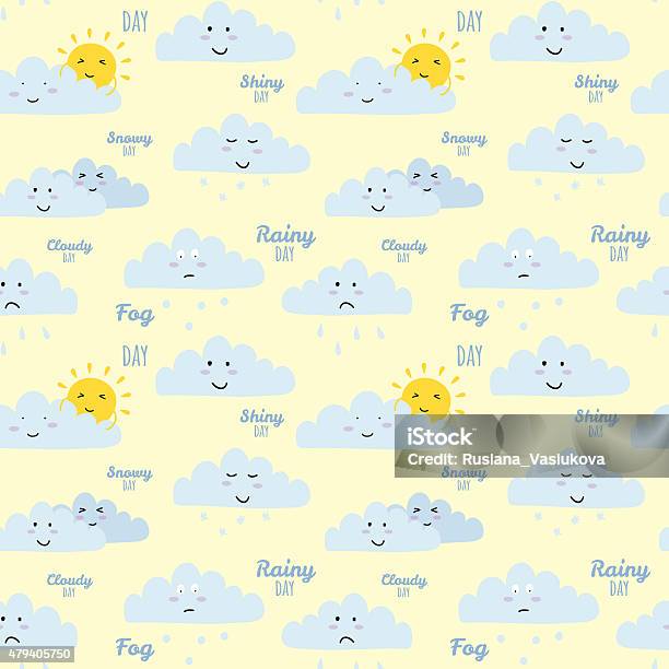 Childish Pattern With Cute Smiley Weather Icons Stock Illustration - Download Image Now - 2015, Backgrounds, Blue