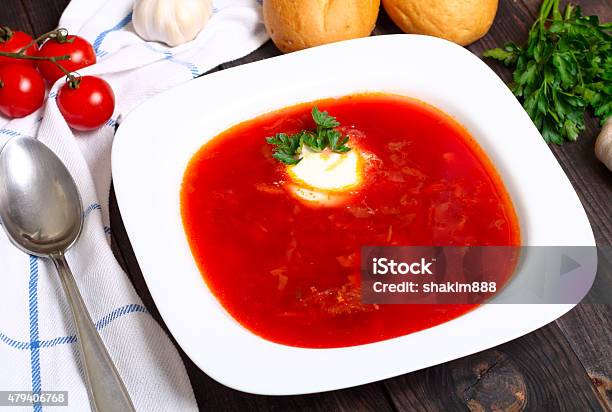 Traditional Russian And Ukrainian Borscht Soup Stock Photo - Download Image Now - 2015, Backgrounds, Beef