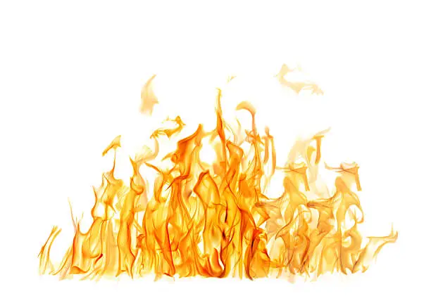 Photo of dark and bright orange fire on white background