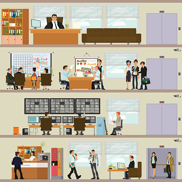 Interior office scenes of people working in the office. Interior office. Vector illustration in a flat style. lobby office stock illustrations