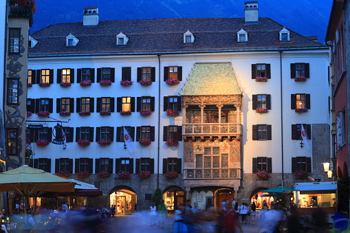 Innsbruck, Austria - July 28, 2014: Goldenes Dachl (Golden Roof) in the Old Town (Altstadt) of Innsbruck. The roof Completed in 1500 for Emperor Maximilian.