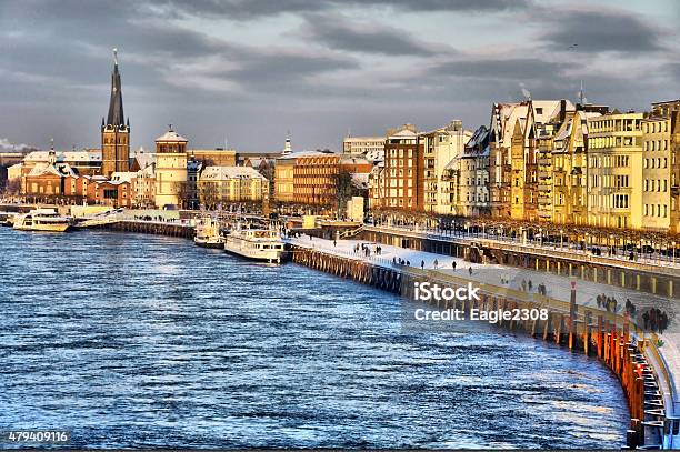 Beautiful Shore Of Rhein River During Day In Dusseldorf Stock Photo - Download Image Now