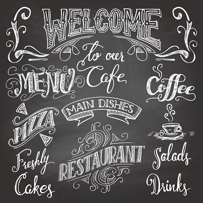 Set of hand-drawn lettering for cafes and restaurants on the chalkboard background